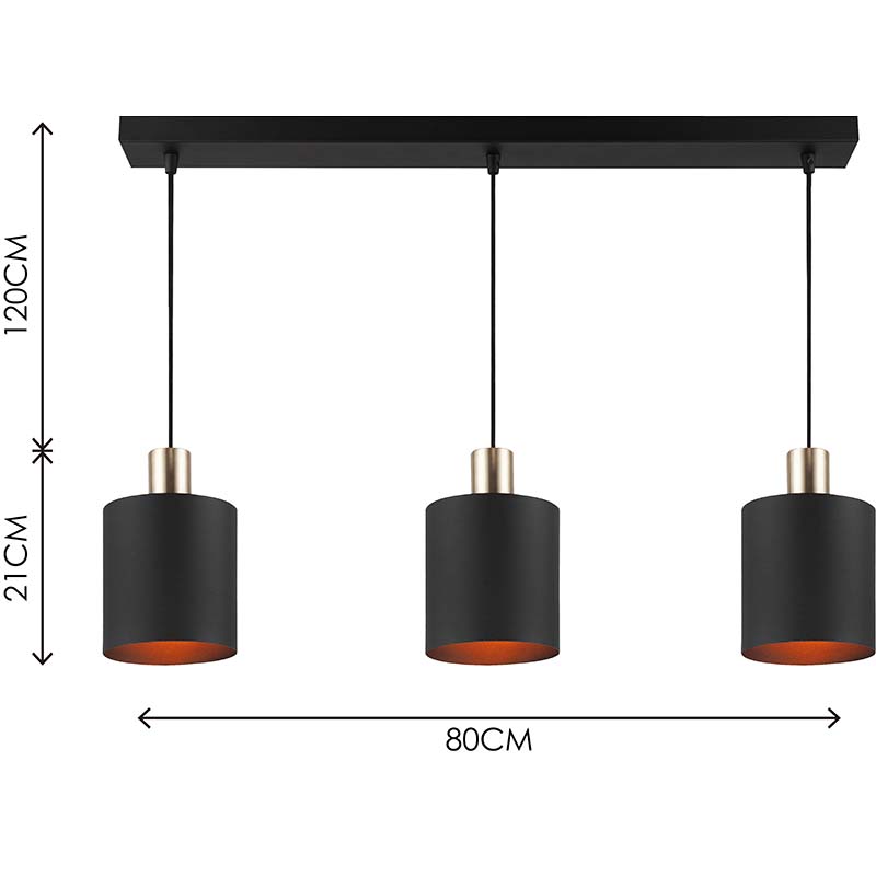 Lampadario moderno semplice decorativo regolabile lunga luce pendente 3lys paralume tutto nero sabbia E27