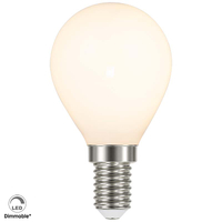 Lampadina LED opale dimmerabile con attacco E14, tensione di ingresso 230 V e consumo energetico di 4,5 W, 45 mm