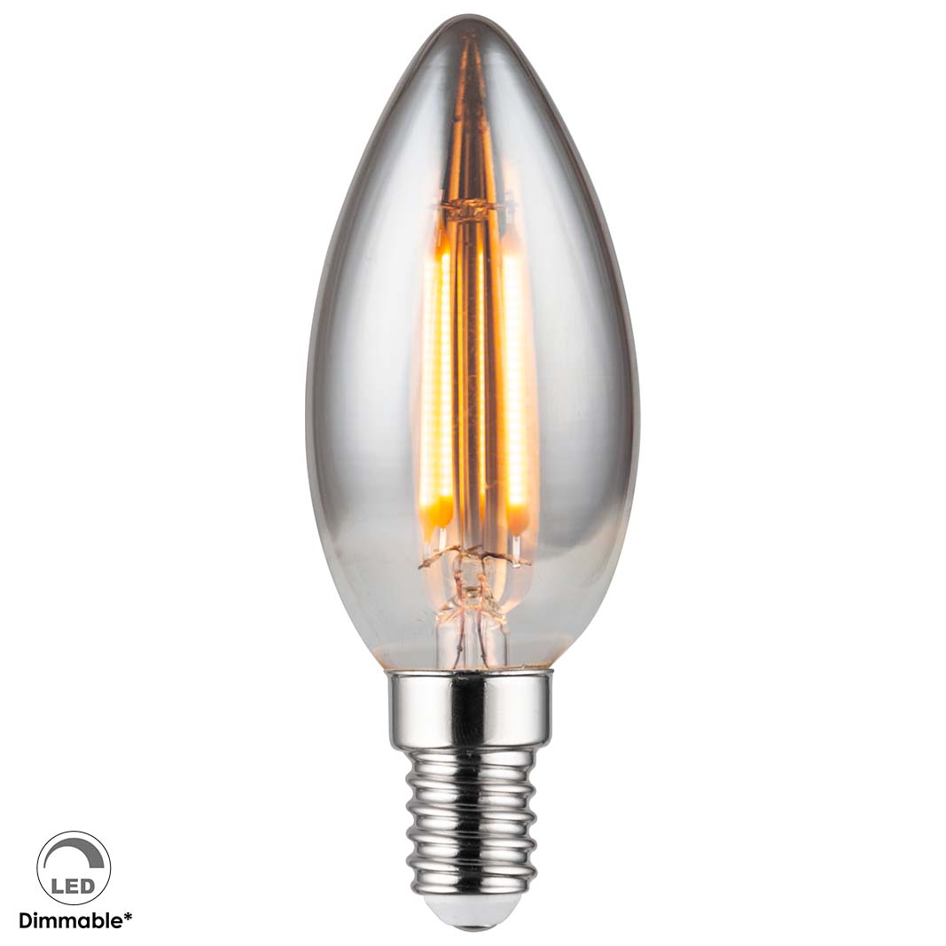 Lampadina a candela LED C35 con attacco E14 da 230 V color fumo con potenza di 4 W e funzione dimmer