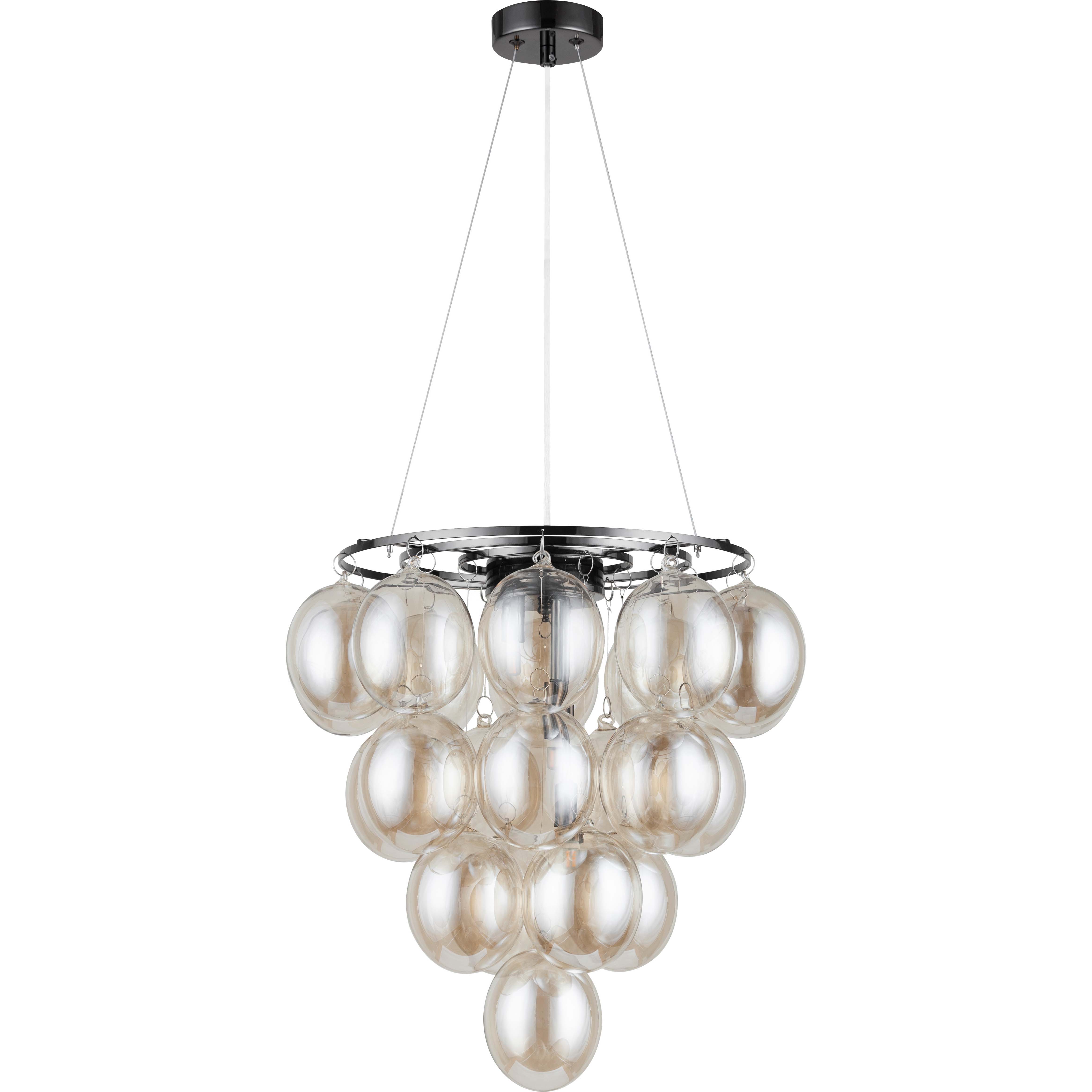 Graziosa Lampada a Sospensione Decorativa - Barra in Metallo Cromato Nero e Vetri Color Champagne - 22 Luci