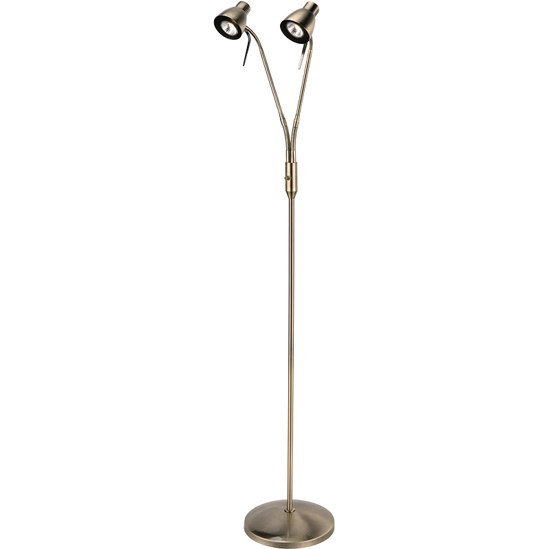 Lampada da terra semplice ed elegante con doppi faretti in finitura ottone anticato e attacco GU10