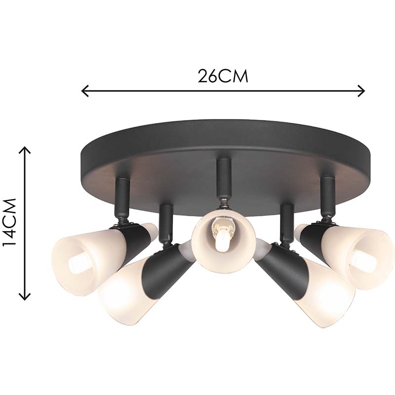 Lampada da soffitto semplice con cinque paralumi in vetro smerigliato e lampadine G9