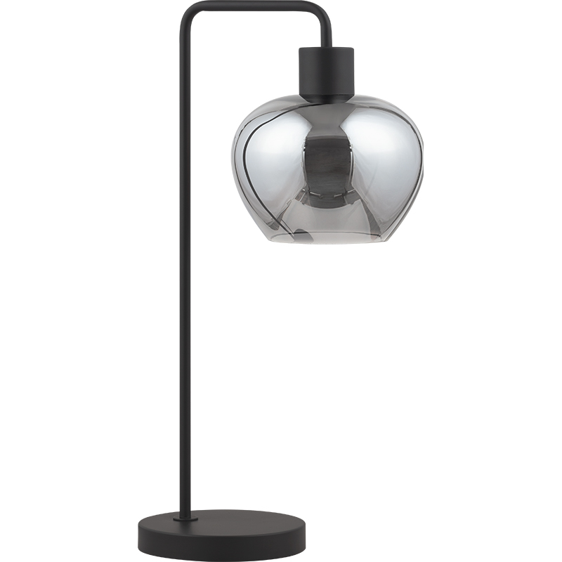 Elegante lampada da tavolo in vetro soffiato lavorato a mano color fumo con base in acciaio nero opaco