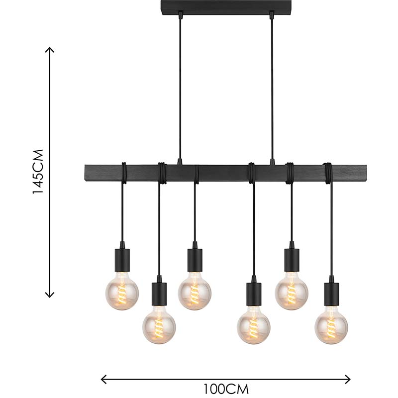 Mordern Elegante lampadario industriale in legno di design Lampadario decorativo regolabile in legno nero Lampada a sospensione 6lys E27